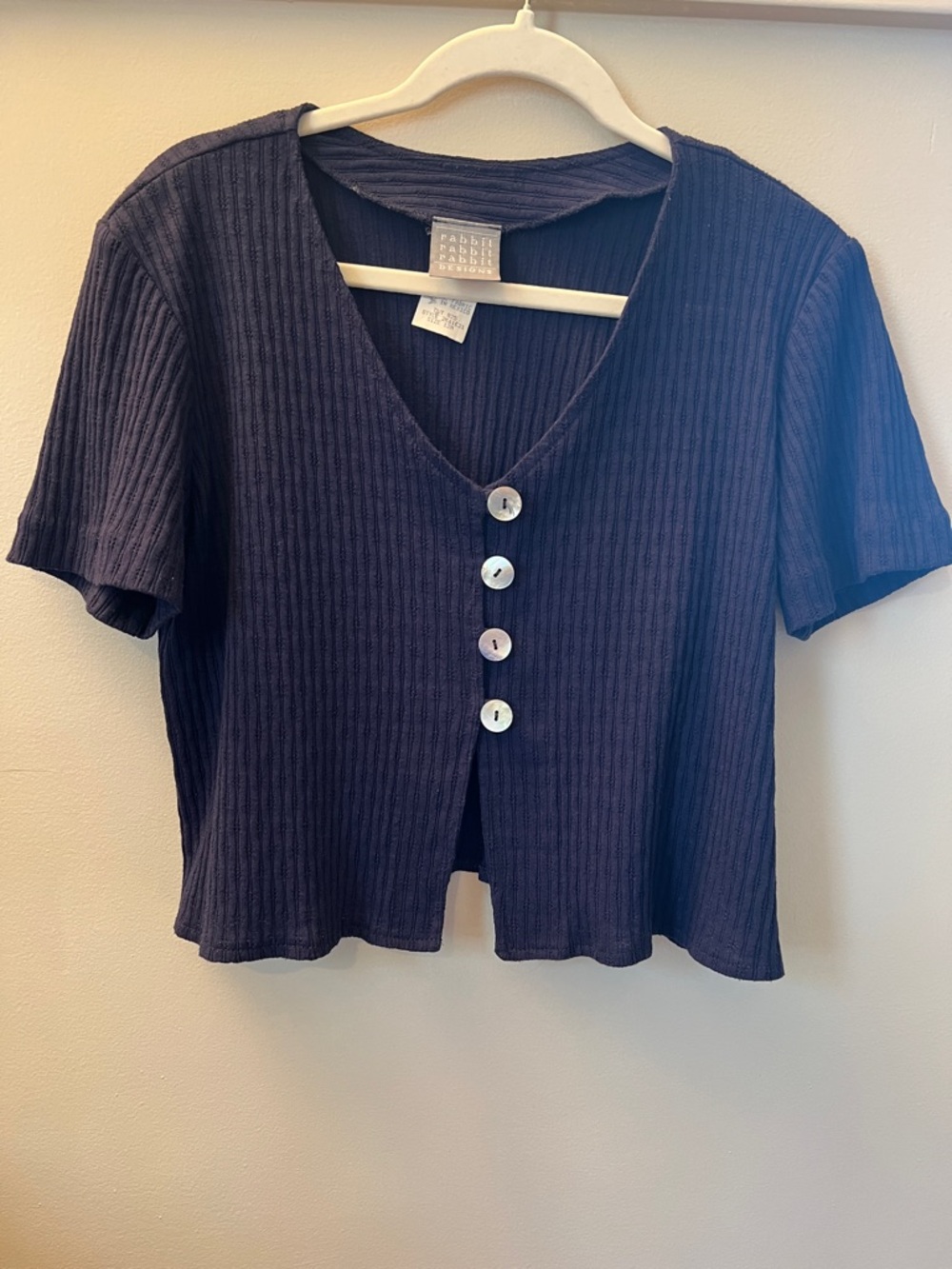Vintage Rabbit Rabbit Rabbit Cropped Pearly Button Navy Top Size 12M - Picture 3 of 14